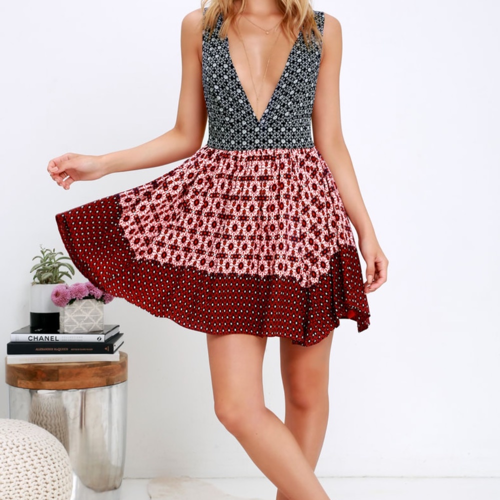 Lulus XXS La Vie en Roses Navy Blue and Red Floral Print Dress